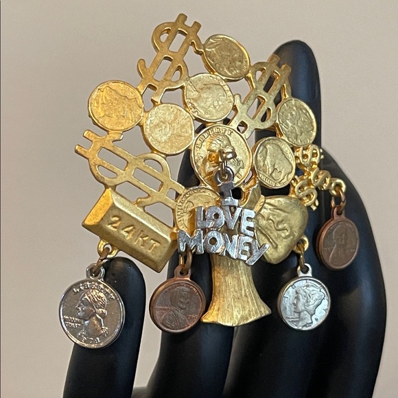 Vintage Gold-Tone Money Tree Dangling Charm Brooch - Picture 3 of 9